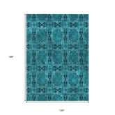 10' X 14' Teal Floral Medallion Washable Non Skid Indoor Outdoor Area Rug